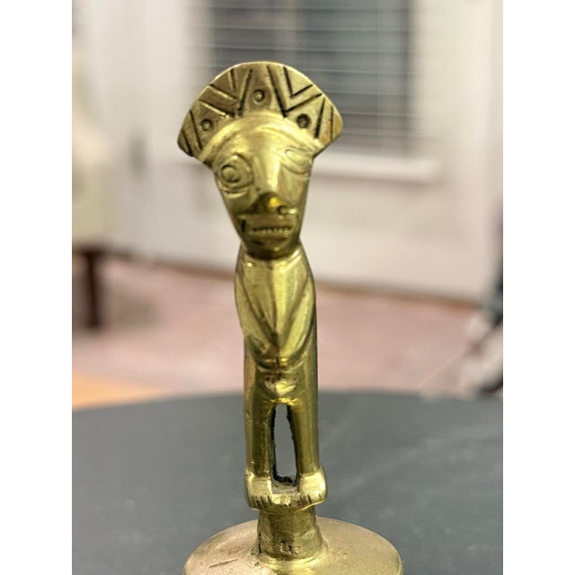 Vintage 1960s Solid Brass Bell – Pre-Columbian Andean Inca Inspired Figural Handle – 5” For Sale - Image 4 of 4