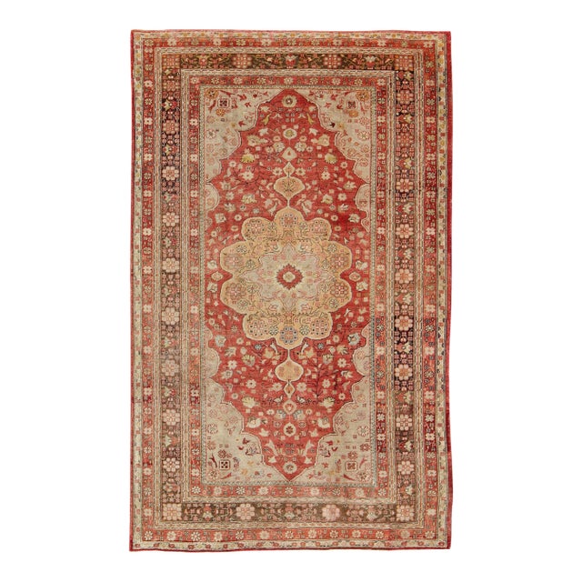 Antique Oushak Rug With Medallion in Soft Red, Brown and Tan 6'2" X 9'10" For Sale