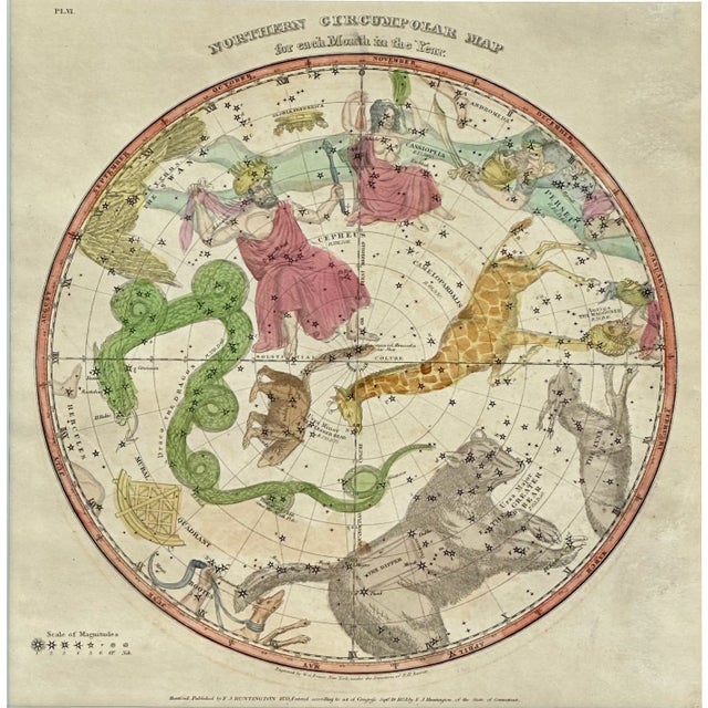 Set of two original 1835 celestial engravings by month by Elijah Hinsdale Burritt, from his Atlas, Designed to Illustrate...