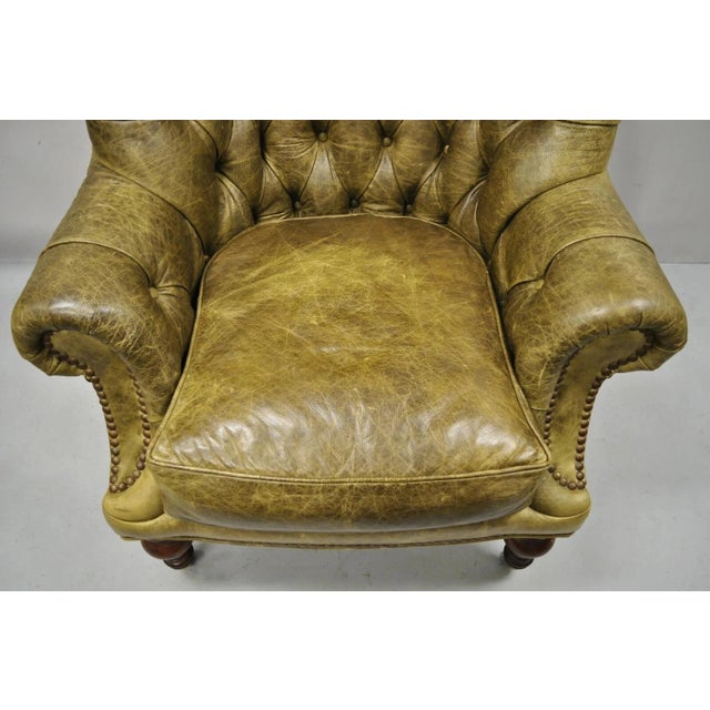 Lillian August Brown Green Leather Chesterfield Club Lounge Chair & Ottoman For Sale - Image 11 of 12