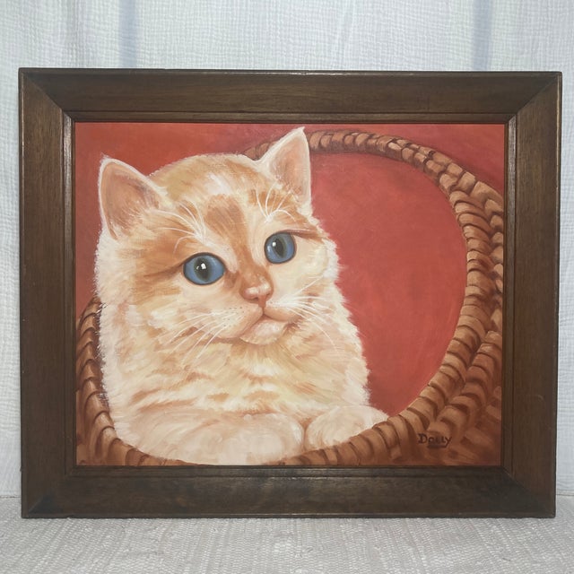 Original Mid-Century Dolly Decker Cat Painting “Playtime” Framed Oil on Canvas, Big Eyes Kitten Art For Sale - Image 11 of 12