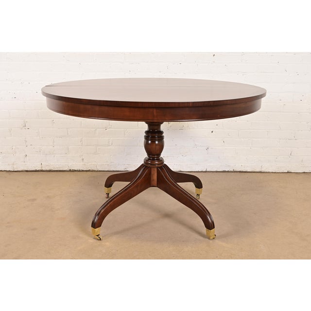 Baker Furniture Style Regency Banded Cherry Wood Pedestal Extension Dining Table, Newly Refinished For Sale - Image 12 of 13