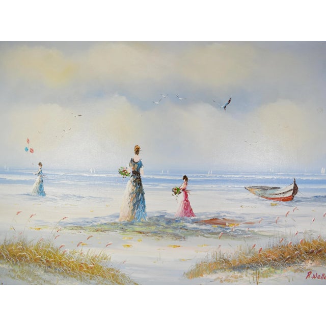 Mid 20th Century Framed Oil Painting Victorian Ladies on Beach Seaside Signed R.Welles. Stunning impressionist seaside oil...