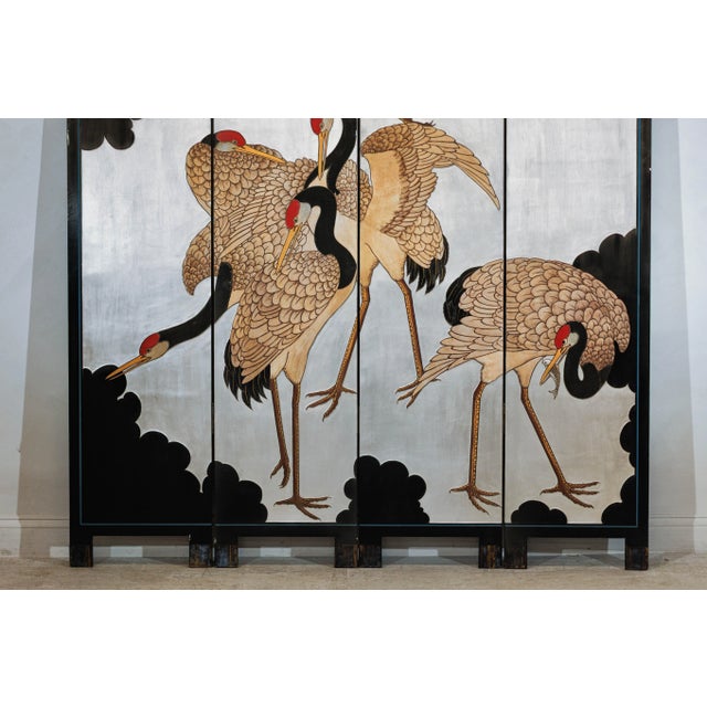 Wood Vintage Chinese Four-Panel Screen with Silver Ground and Hand-Painted Cranes For Sale - Image 7 of 12