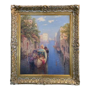Carl Muller Venice Canal Scene Oil Painting, Framed