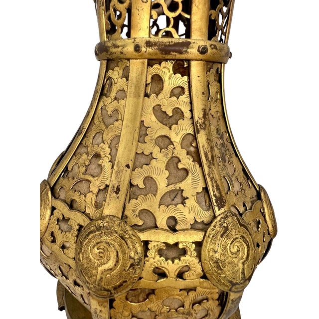 Metal Pair, Meiji Period Japanese Gilt Bronze & Parchment Pierced Lanterns Hang or Table For Sale - Image 7 of 12