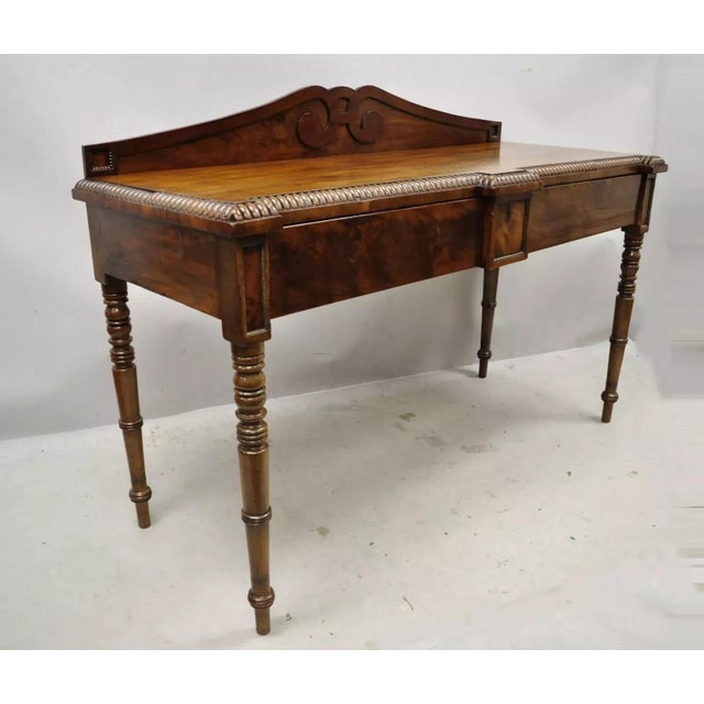 Antique English Regency Carved Crotch Mahogany Sideboard Buffet Console Table. Item features 2 drawers, turn carved legs,...
