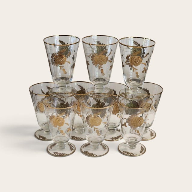 1960s 24k Gold Encrusted Crystal Iced Tea Footed Tumbler Barware Set - Set of 10 For Sale - Image 14 of 14