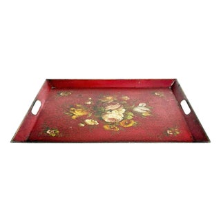 Red Iron Tray with Floral Motif, France, 1940 For Sale