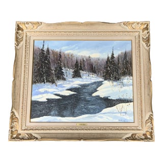 Fernand Gaulin Signed Winter Landscape Oil Painting, 1973 For Sale