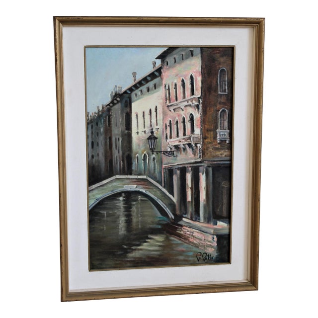 Original Signed Venice Italy CItyscape Oil Painting/ Carved Gold Frame For Sale