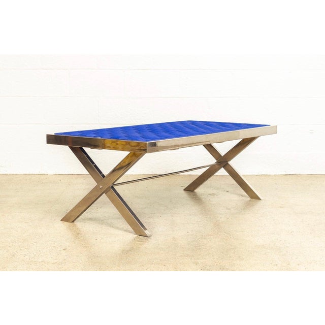 1980s Mid Century Modern Chrome and Blue Strap Bench Milo Baughman Style For Sale - Image 5 of 10