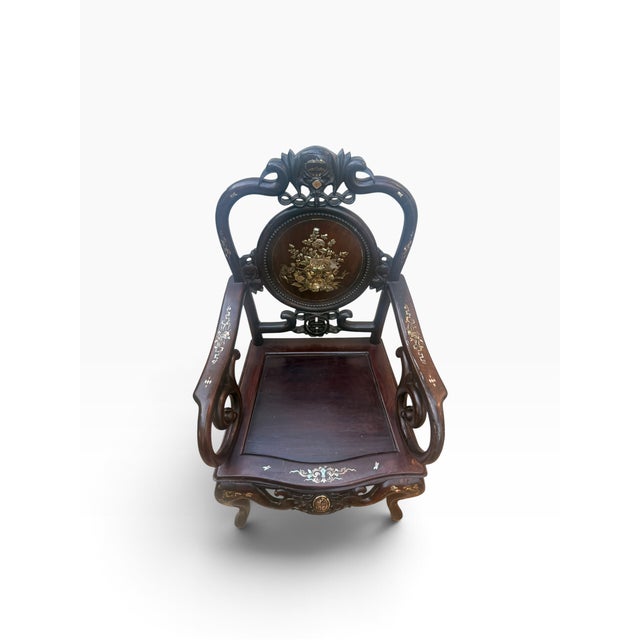 Brown Vintage Chinese Hardwood Armchair With Mother-of-Pearl Inlay and Carved Longevity Motifs For Sale - Image 8 of 15
