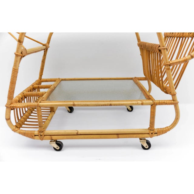 Italian Serving Trolley in Bamboo Rattan and Glass, 1950s For Sale - Image 14 of 17