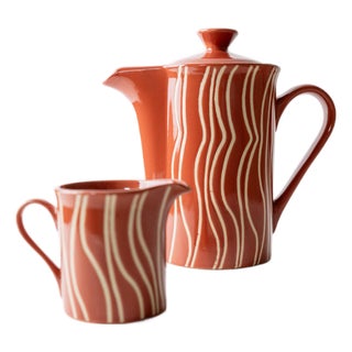 Mid-Century Striped Rust Orange Ceramic Teapot with Lid and Creamer, 1970s For Sale