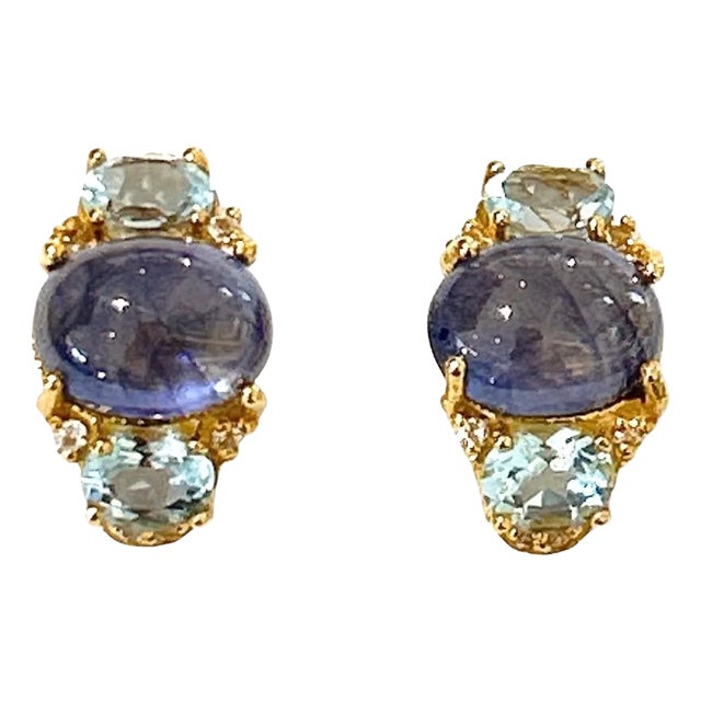 Bochic “Orient” Tanzanite & Blue Topaz Earrings Set In 18K Gold & Silver - a pair For Sale
