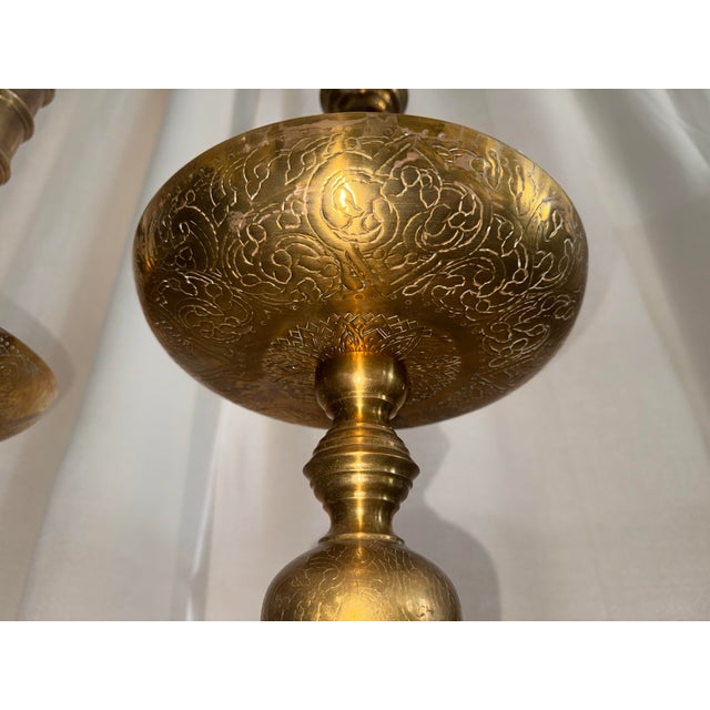 Monumental 49.5" Vintage Moroccan Brass Floor Candlesticks - A Pair For Sale - Image 4 of 10