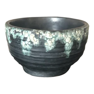 Early 21st Century Pottery Art Black and Turquoise Accents Handcrafted Decorative Vase Bowl Planter Signed Rose Weiss