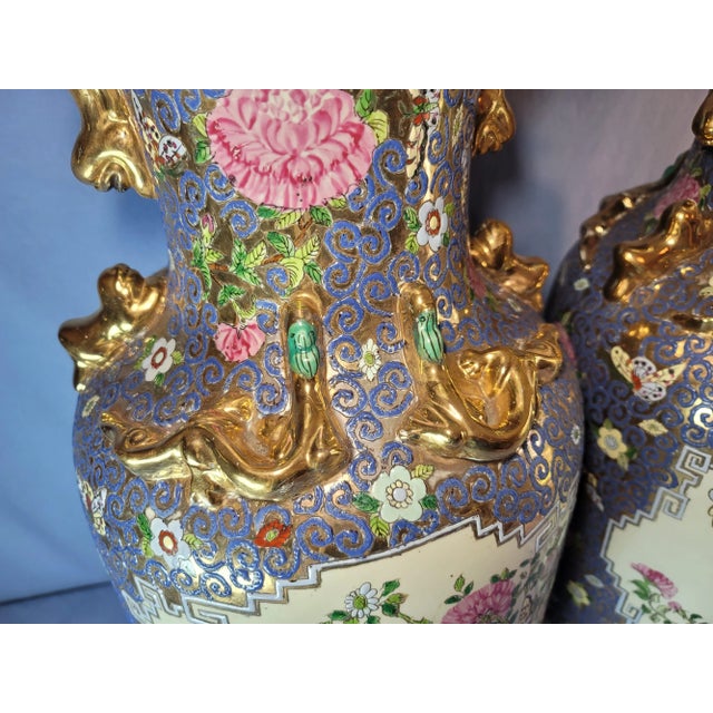 Gold Antique Late 19th Century Hand Painted China Guangcai Gilt Floral Porcelain Sleeve Vessels - a Pair For Sale - Image 8 of 13