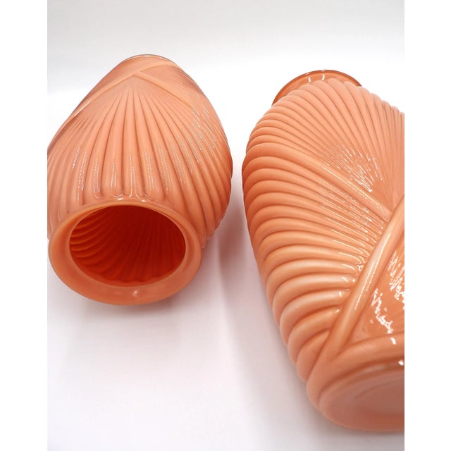 1980s Pair of 1980s Art Deco Revival Peach Draped Vases With Geometric Accents by Anchor Hocking For Sale - Image 5 of 10