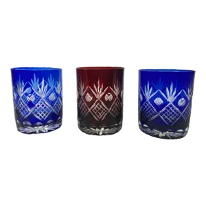 Whiskey Crystal Glasses Tumbler Baccarat Style Blue and Red Cut 1970s