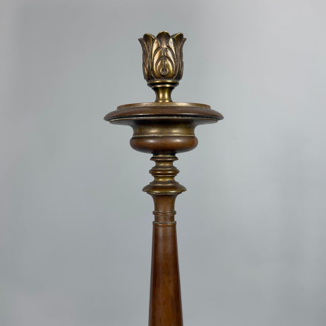 Wood Antique Brass Candlestick with Wooden Base, 20th Century For Sale - Image 7 of 12