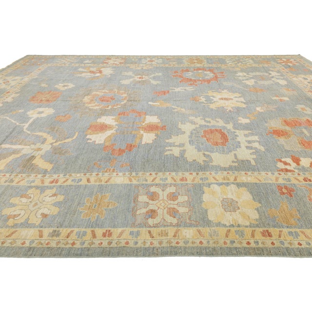 14x17 Hand-Knotted Modern Oushak Rug Premium Hand-Spun Wool Blue/Earth Tones For Sale - Image 4 of 10