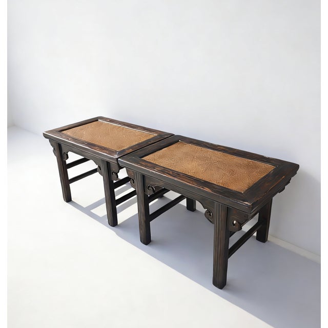 These 19th century accent tables feature a rectangular design made from solid elm with a dark finish and light brown inset...