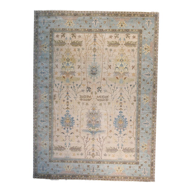 Oushak Rug, Ivory/Pale Aqua 14x20 For Sale