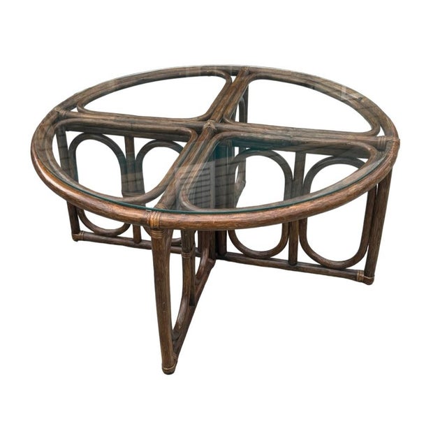 1970s Vintage Alexvale Rattan 4-Piece Nesting Chair & Glass-Top Cocktail Table Set For Sale - Image 5 of 9