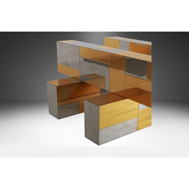 An elegant, stylish midcentury square rounded corners glass top, with brass plated base "Cityscape" square cocktail table...