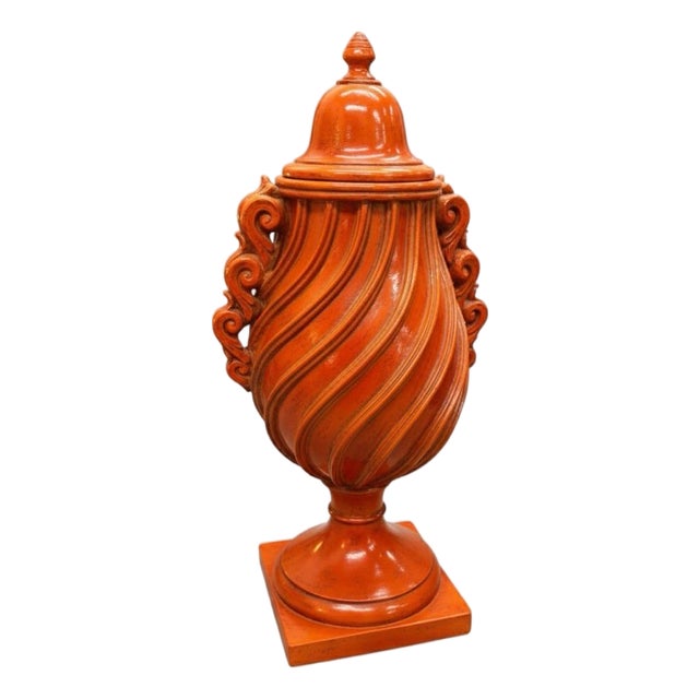 Stunning Large Terracotta Orange Urn / Finial With Swirl Fluting & Scroll Handles For Sale
