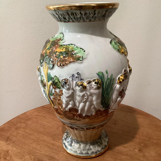 Art Nouveau Vintage Pereiras Valado Porcelain Ornate Vase With Cherubs Raised Relief Hand Painted For Sale - Image 3 of 12