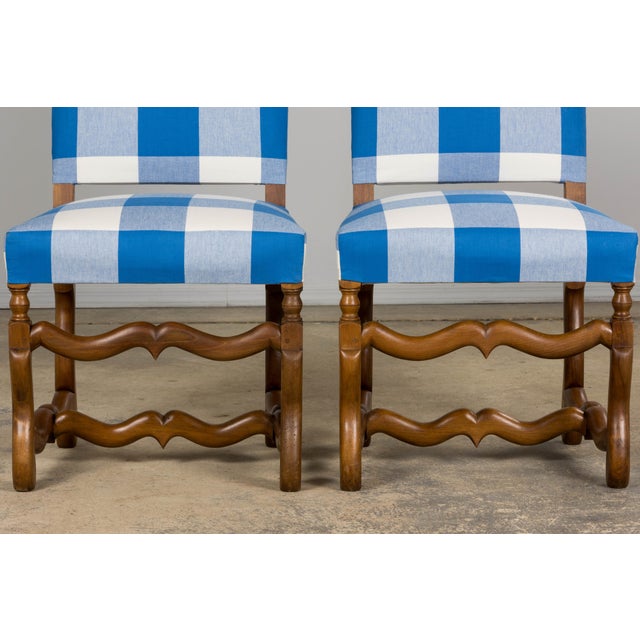 Early 20th Century French Louis XIII Style Os De Mouton Walnut Dining Chairs W/ Tabourets in Blue Plaid - Set of 8 For Sale - Image 5 of 18