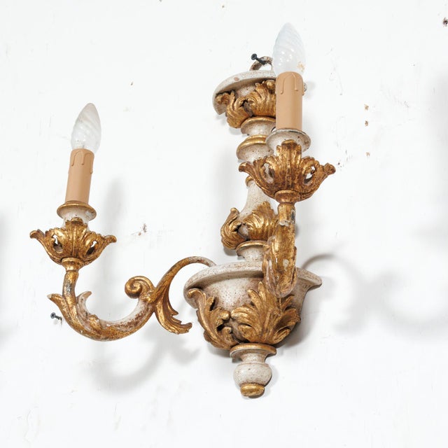 Vintage 20th Century Pair Italian Painted and Parcel Gilt Hand Carved Wooden 2-Light Sconces For Sale - Image 9 of 10
