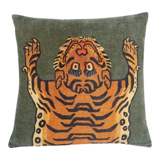 Tibetan Tiger Velvet Cushion Pillow in Green, 22"x22" For Sale
