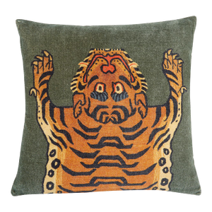Tibetan Tiger Velvet Cushion Pillow in Green, 22"x22"