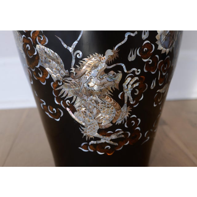 Black Large Vintage 1960s Vietnamese Black Lacquer & Mother of Pearl Floor Vases - A Pair For Sale - Image 8 of 15