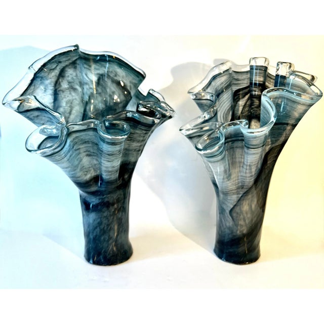 Gray Pair of Hand Blown Smoky Gray Italian Murano Glass Freeform Ruffle Vases For Sale - Image 8 of 11