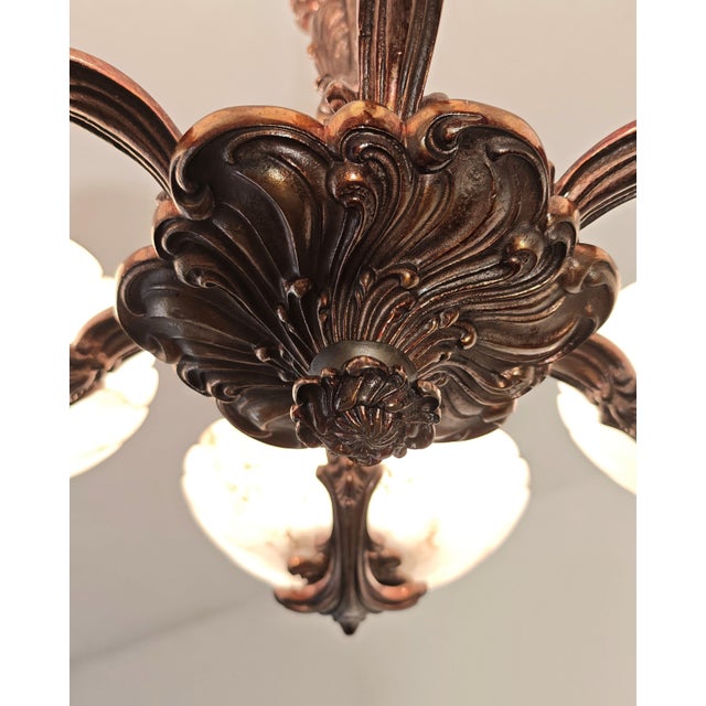 Art Deco Bronze Chandelier with Six Alabaster Lampshades, Made in Italy in the 1950s/1960s. For Sale - Image 16 of 18
