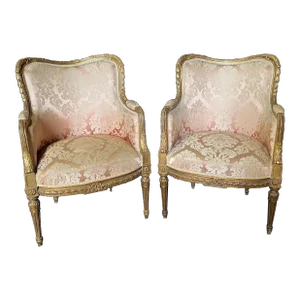 Giltwood Louis XVI Style Bergere Armchairs From Salon Suite -A Pair