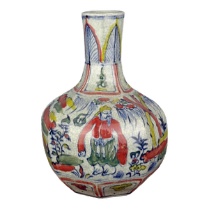 Chinese Vintage Ceramic Vase,Blue and White Famille Verte Porcelain Tianqiu Vase Hand Painted Figures Story Pattern