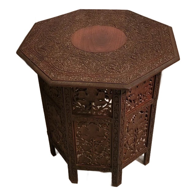 Anglo-Indian Carved Teak Folding Octagonal Occasional Table For Sale