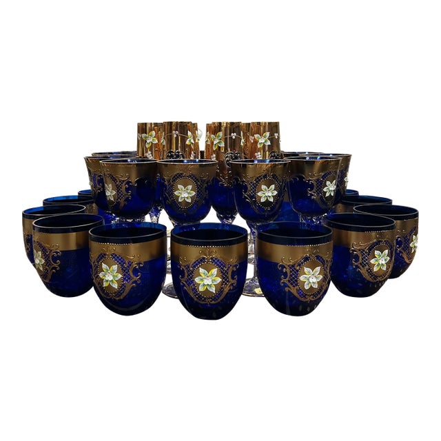 Madesk Bohemia Cobalt With Applied Gold Hand Made Drinking/ Cocktail Glasses 31 Pieces For Sale