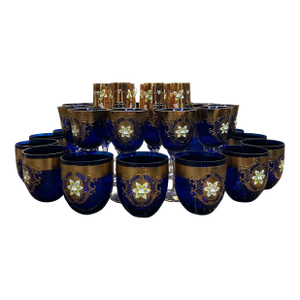 Madesk Bohemia Cobalt With Applied Gold Hand Made Drinking/ Cocktail Glasses 31 Pieces
