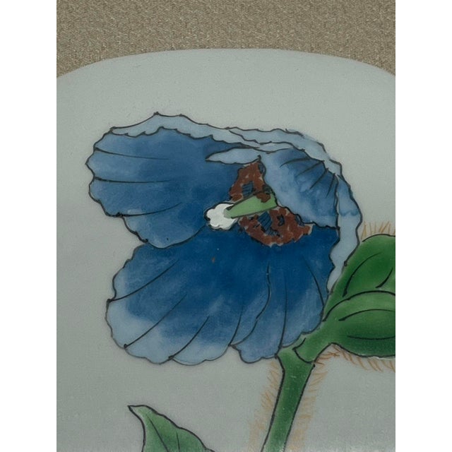 Ceramic Vintage Japanese Framed Ceramic Art – Blue Floral Design on Oval Porcelain Plaque For Sale - Image 7 of 7