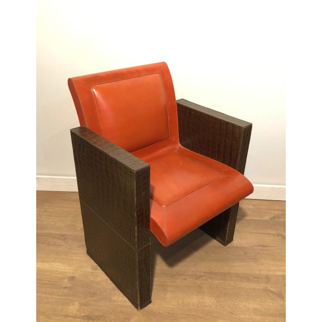 Orange 1970s French Orangeish and Brown Leather Armchairs - a Pair For Sale - Image 8 of 12