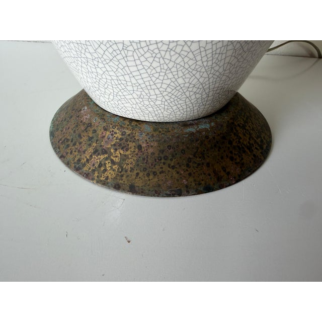 1980s Postmodern Crackle Glazed Ceramic Table Lamp With Metal Conical Shade For Sale In Miami - Image 6 of 12