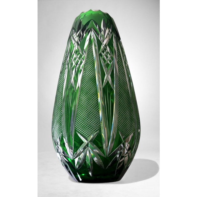 Bohemian Biedermeier Style Cut and Polished Green Crystal Vase For Sale - Image 4 of 18
