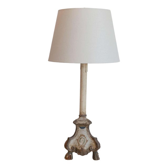 18th-Century French Louis XVI Painted and Giltwood Altar Candlestick Lamp For Sale